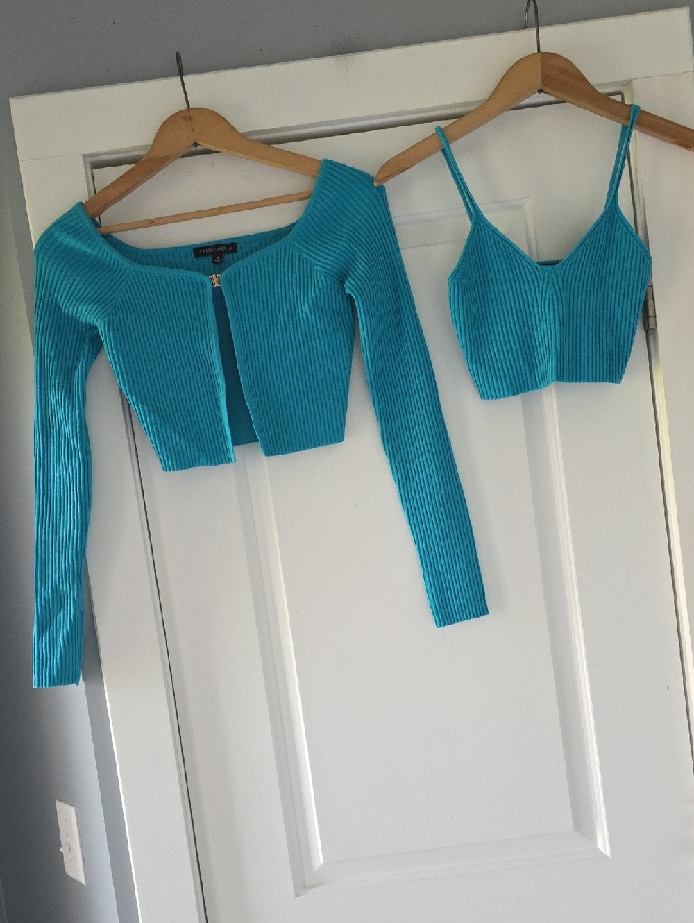 Cotton Candy La Turquoise Blue Ribbed Crop Shrug Cardigan & Cami Set